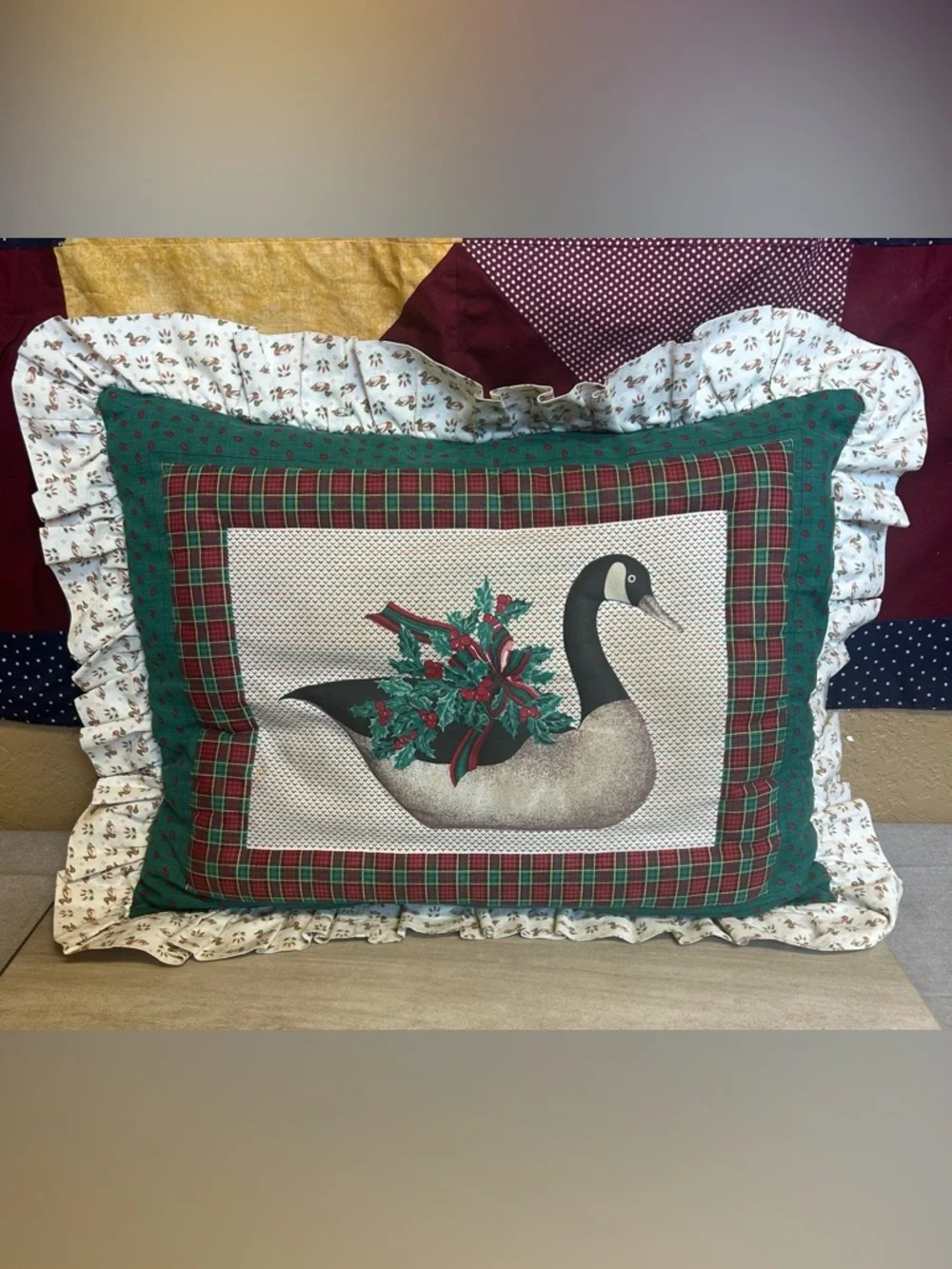Vintage 1980's  Goose Christmas Handmade Pillow with Ducks on Edging Approx 22